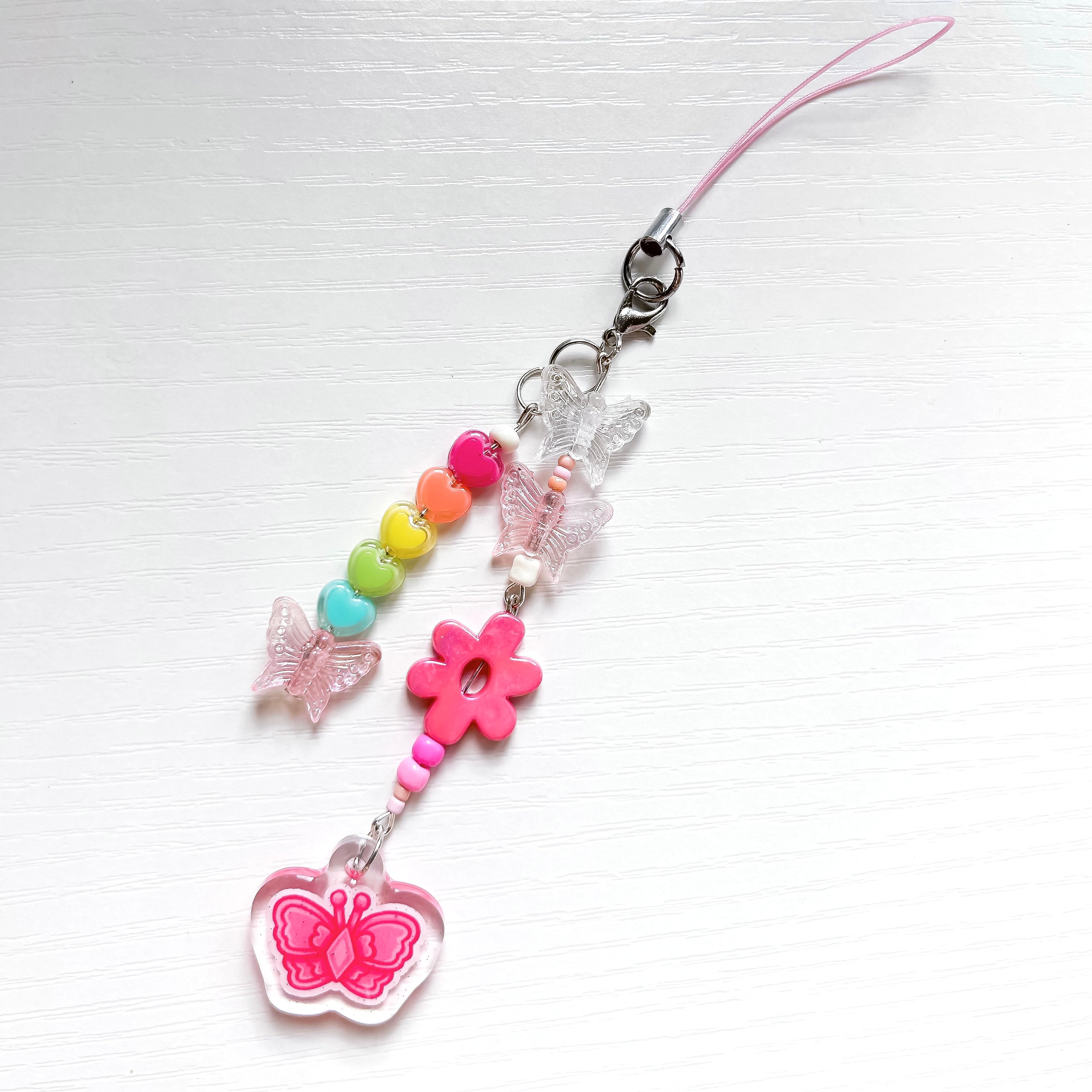Pastel Rainbow Pink Butterfly Glitter Epoxy Pendant Beaded Keycharm