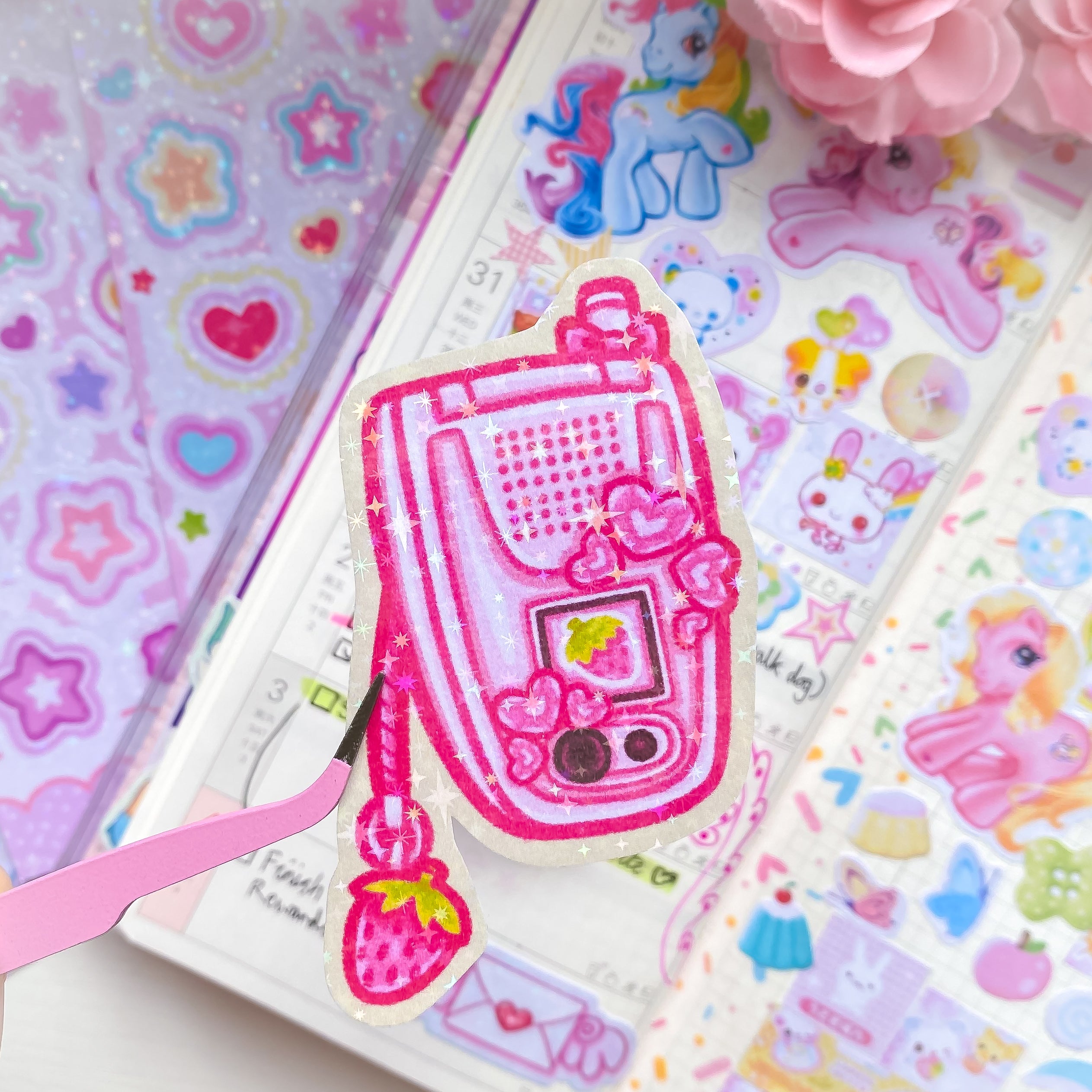 Y2K Strawberry Flip Phone Die Cut Sticker