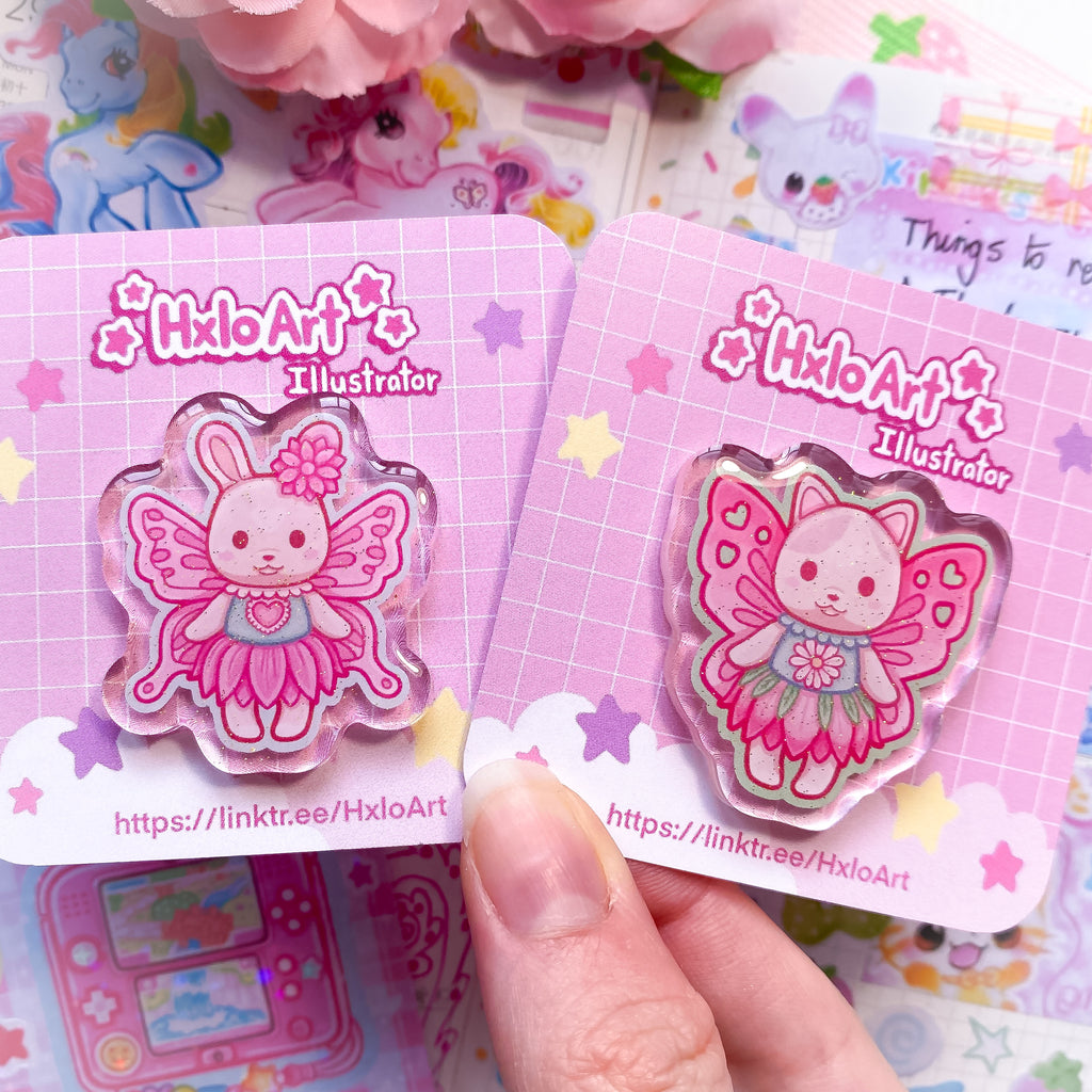 Set of Two Fairy Bunny & Cat Glitter Acrylic Pins