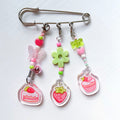 Three Strawberry Cake Glitter Epoxy Pendant Beaded Pastel Bag Brooch