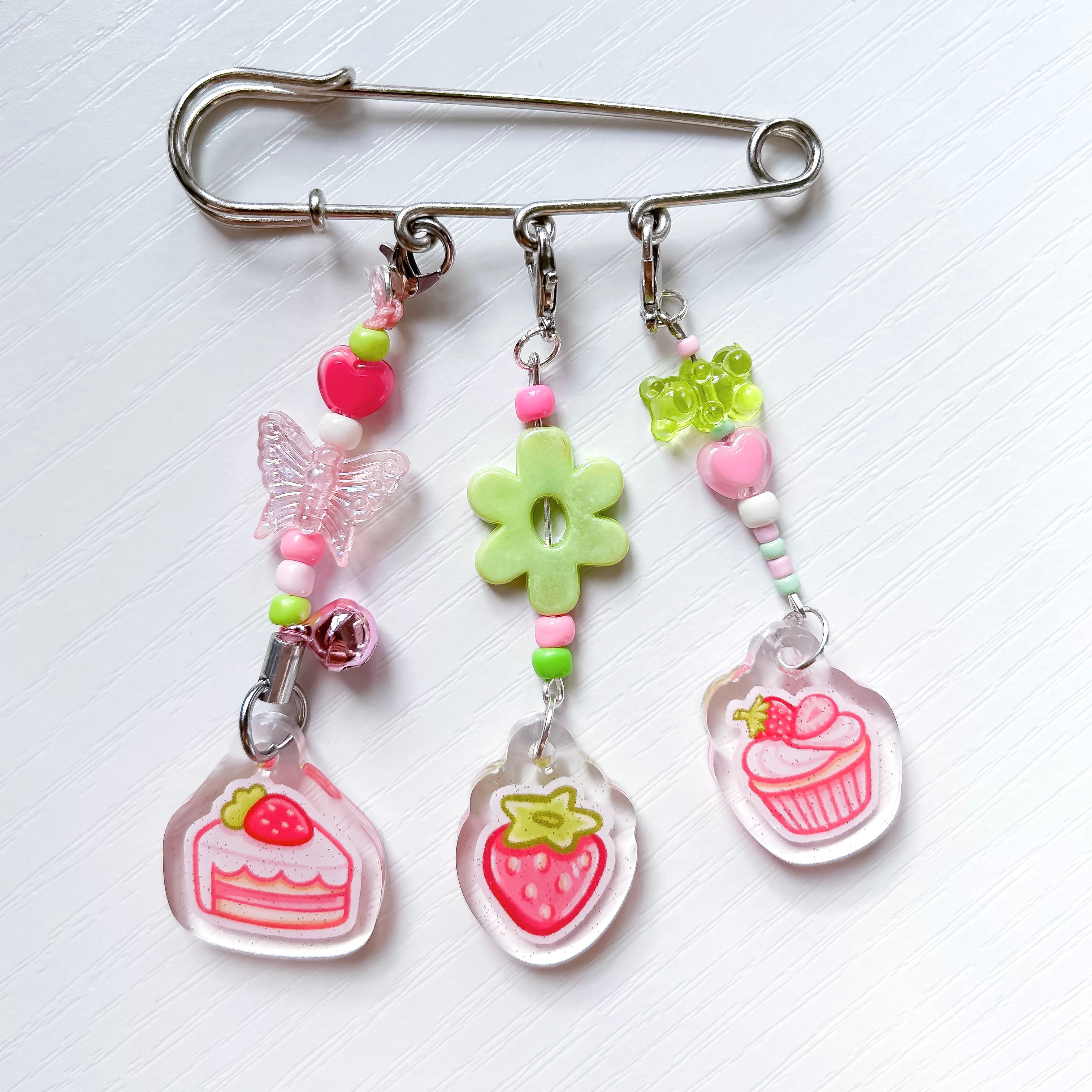 Three Strawberry Cake Glitter Epoxy Pendant Beaded Pastel Bag Brooch