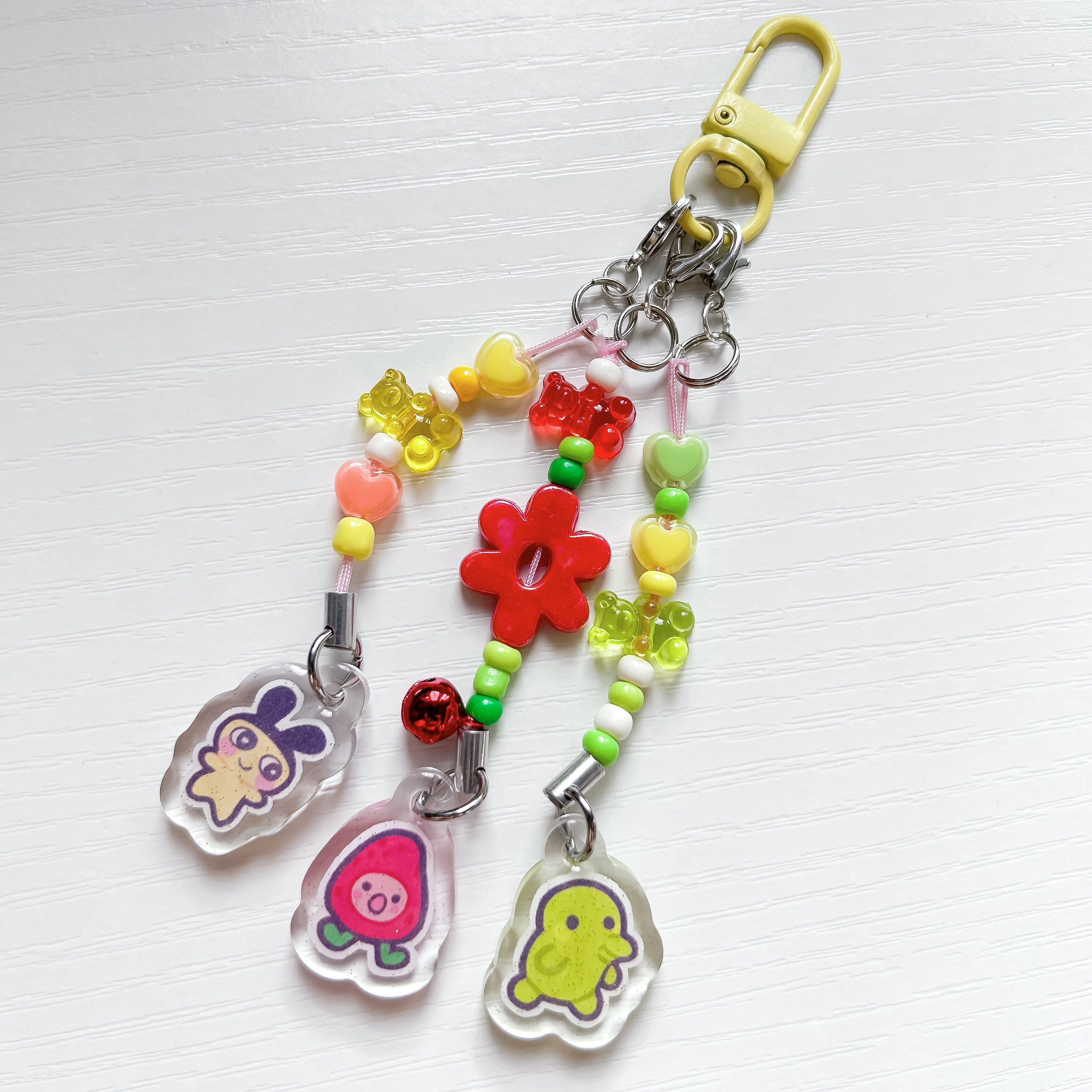 Three Rainbow Tamagotchi Glitter Epoxy Pendant Beaded Keycharm