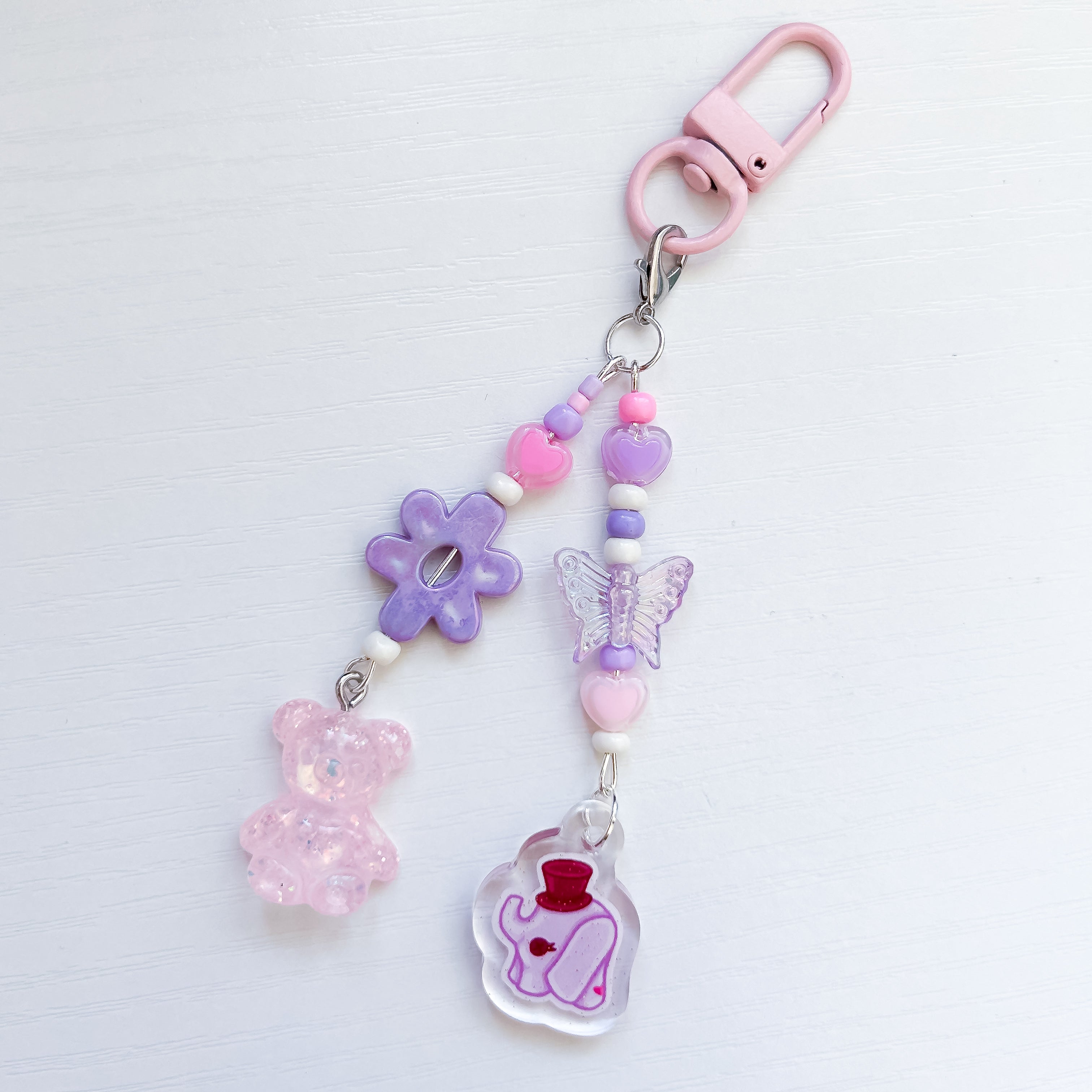 Purple & Pink Elephant Glitter Epoxy Pendant Beaded Keycharm