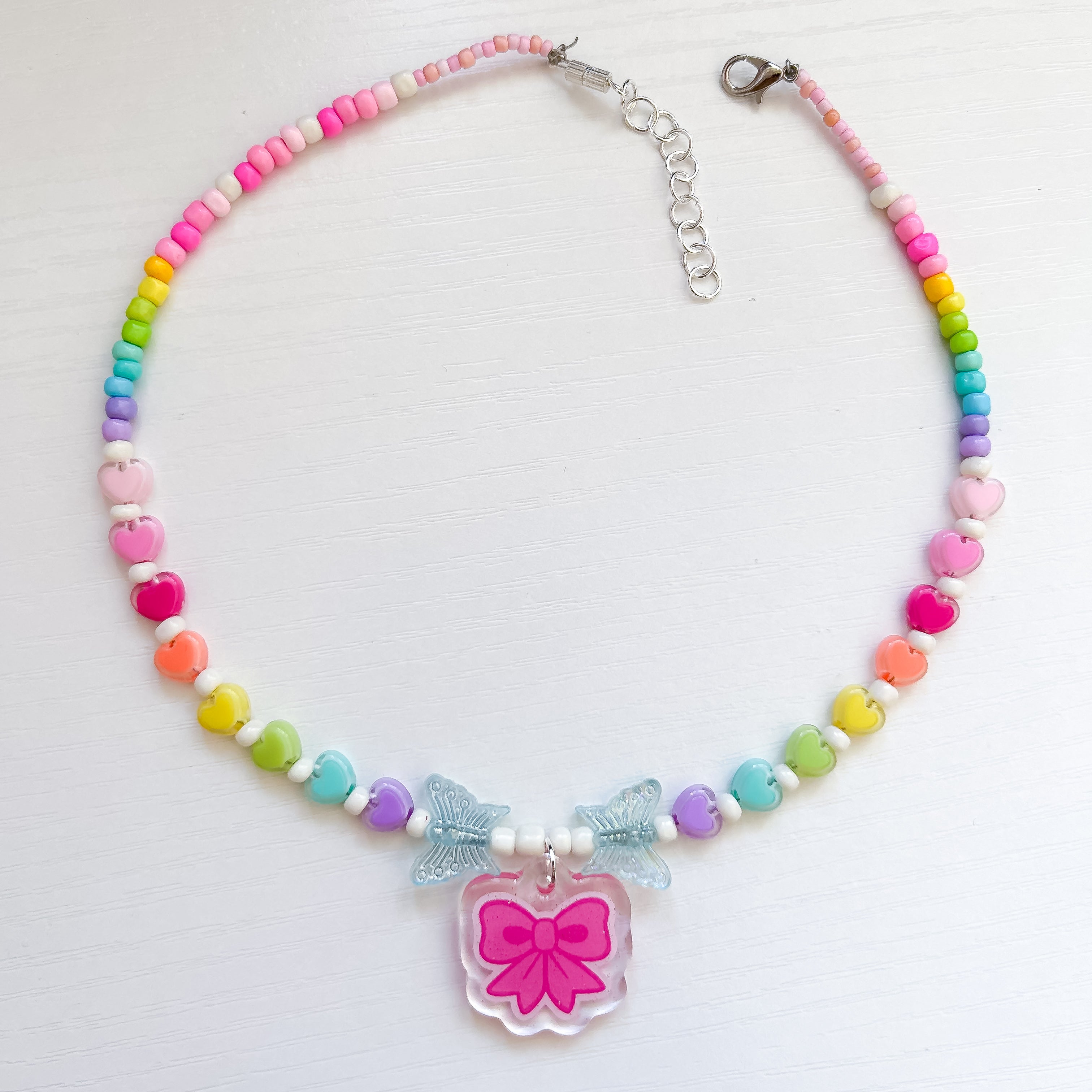 Glitter Epoxy Pink Bow Pendant Beaded Necklace