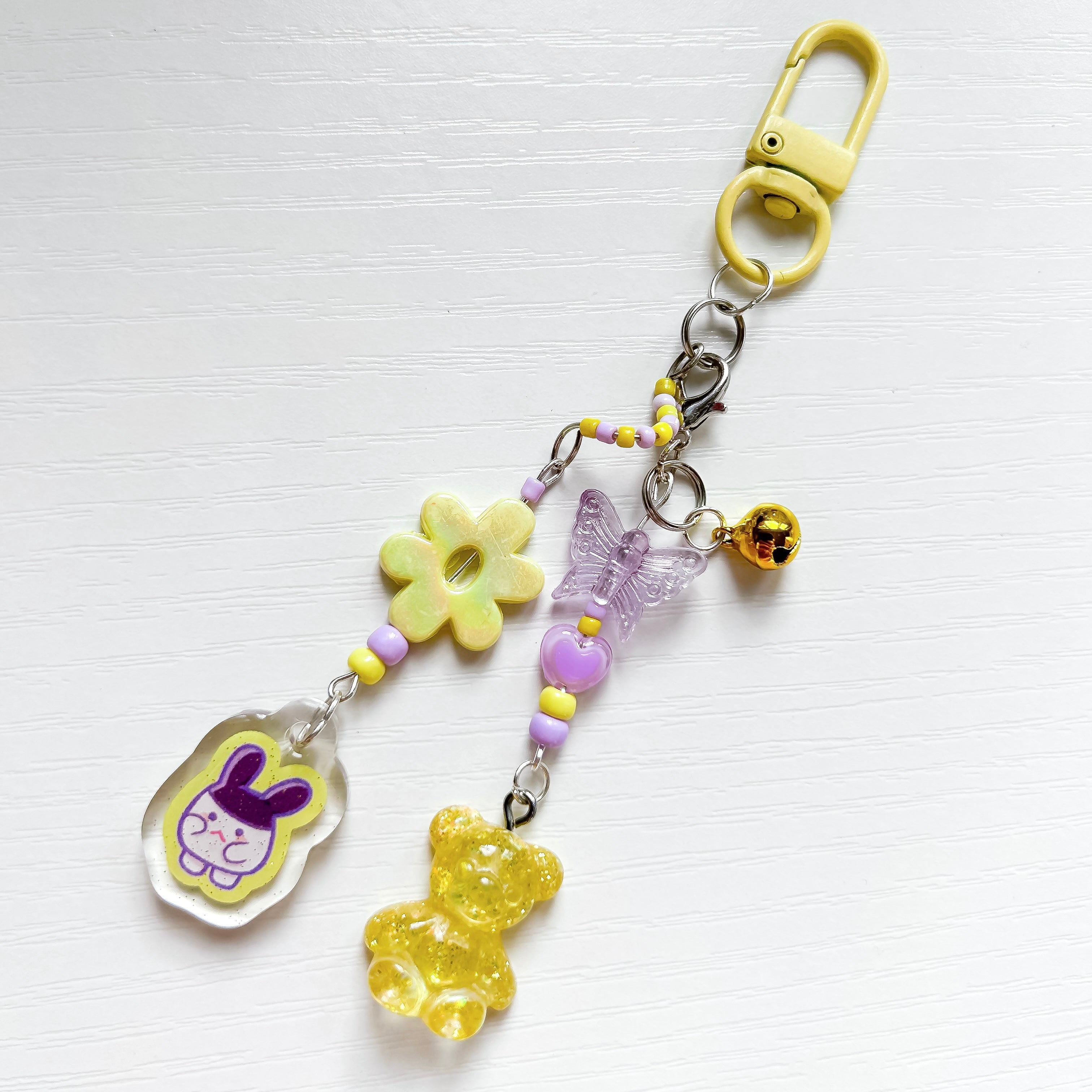 Purple & Yellow Tamagotchi Glitter Epoxy Pendant Beaded Keycharm