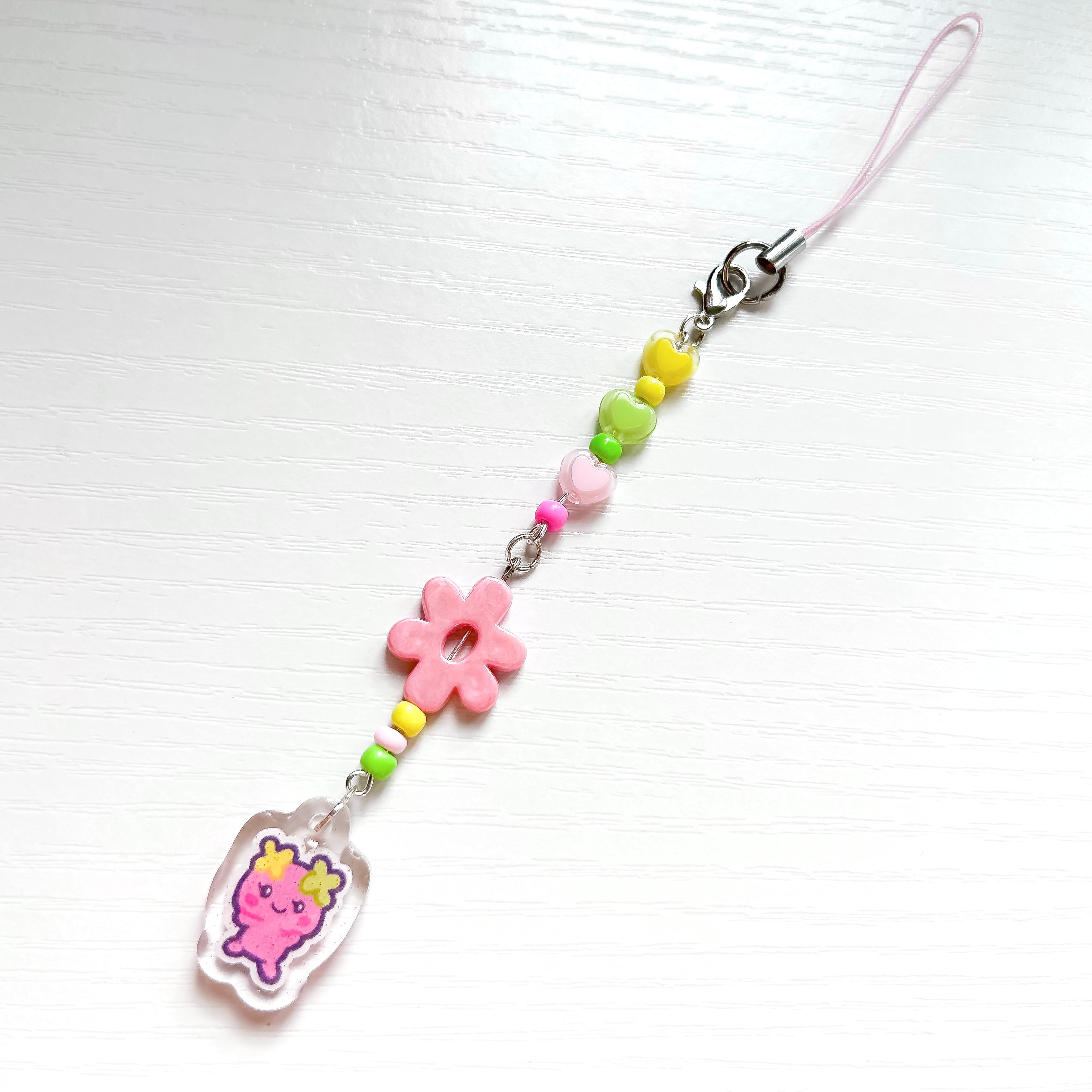 Pink Tamagotchi Glitter Epoxy Pendant Pastel Beaded Keycharm