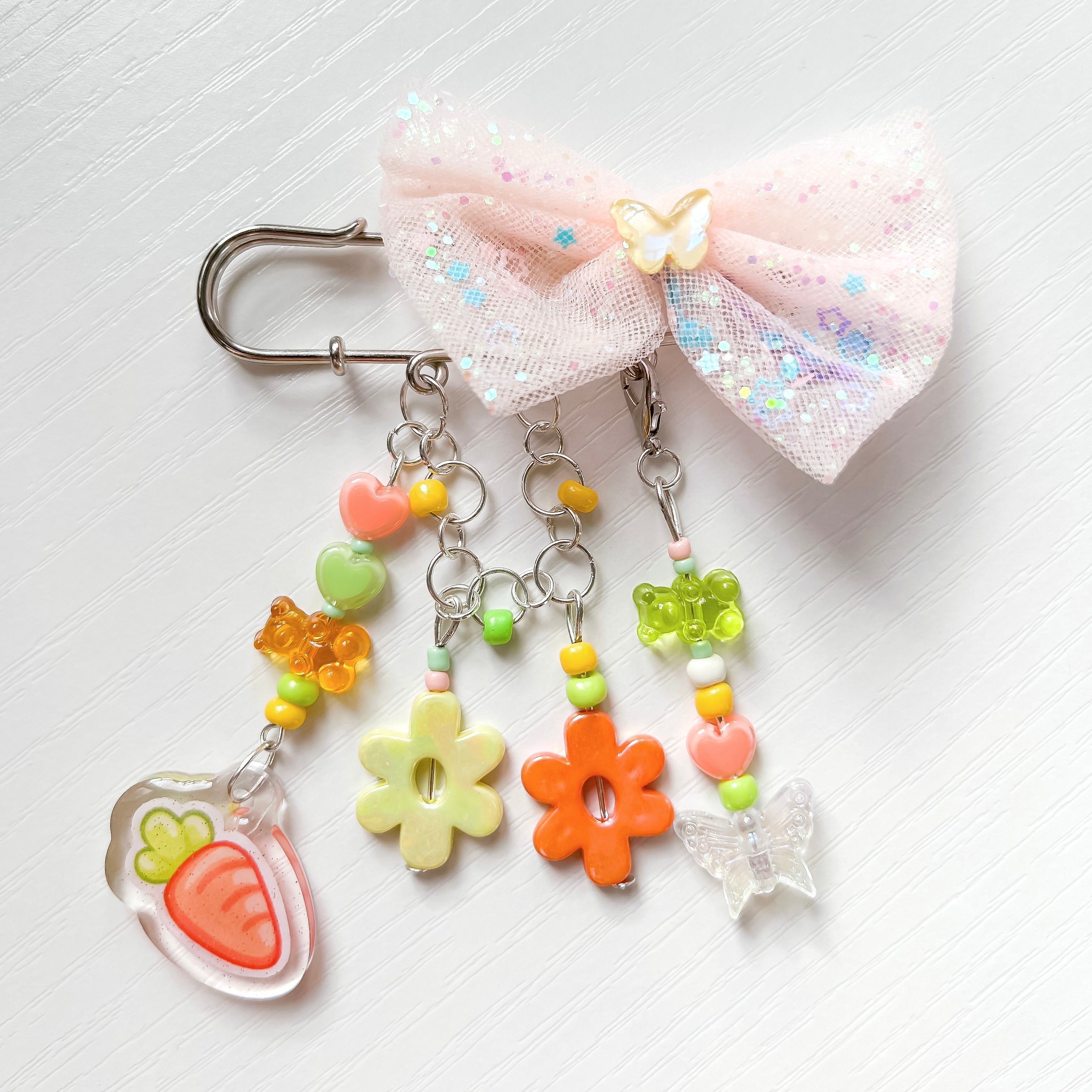 Orange & Green Carrot Glitter Epoxy Pendant Pastel Bow Bag Brooch