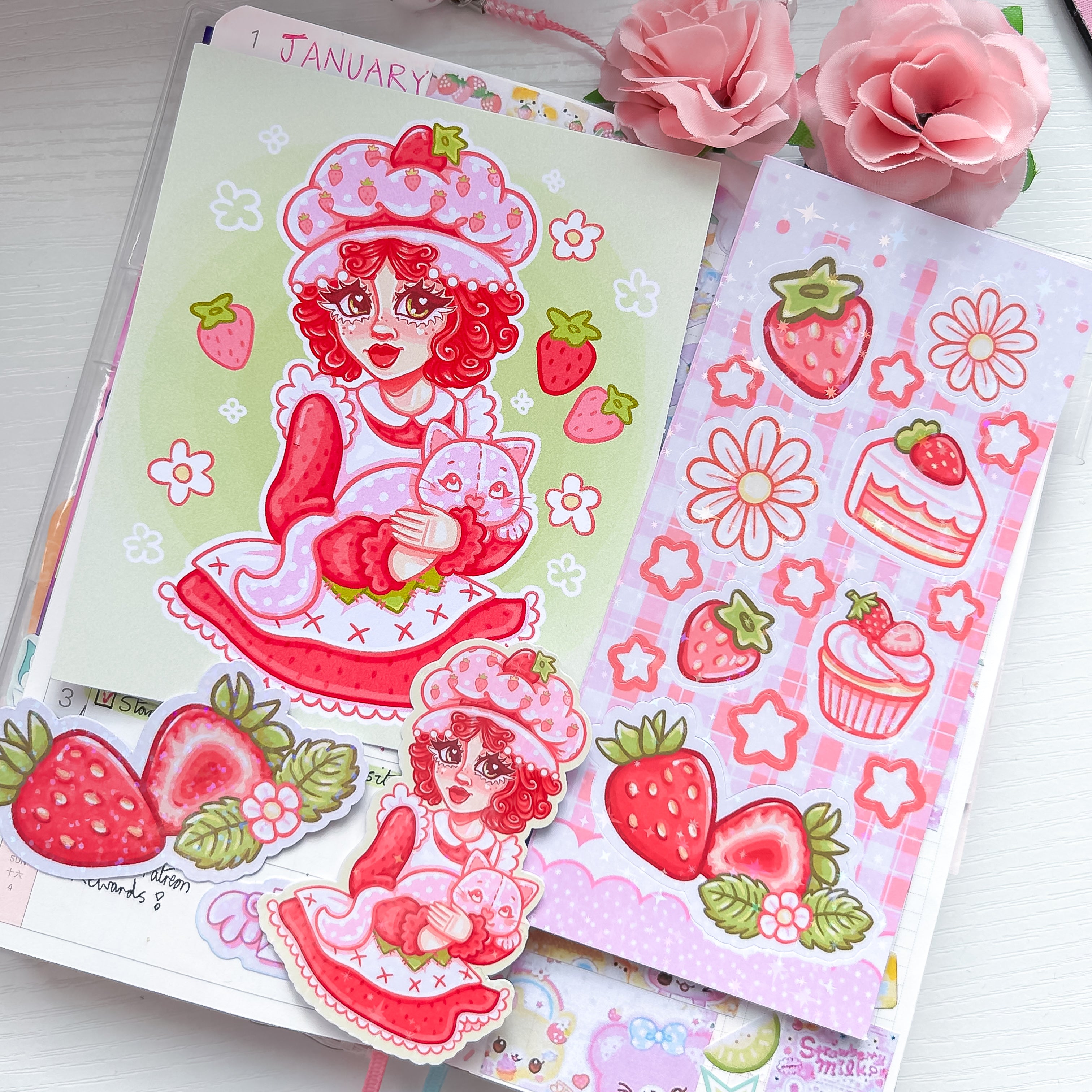 Strawberry Girl Themed Sticker and Print Stationery Bundle