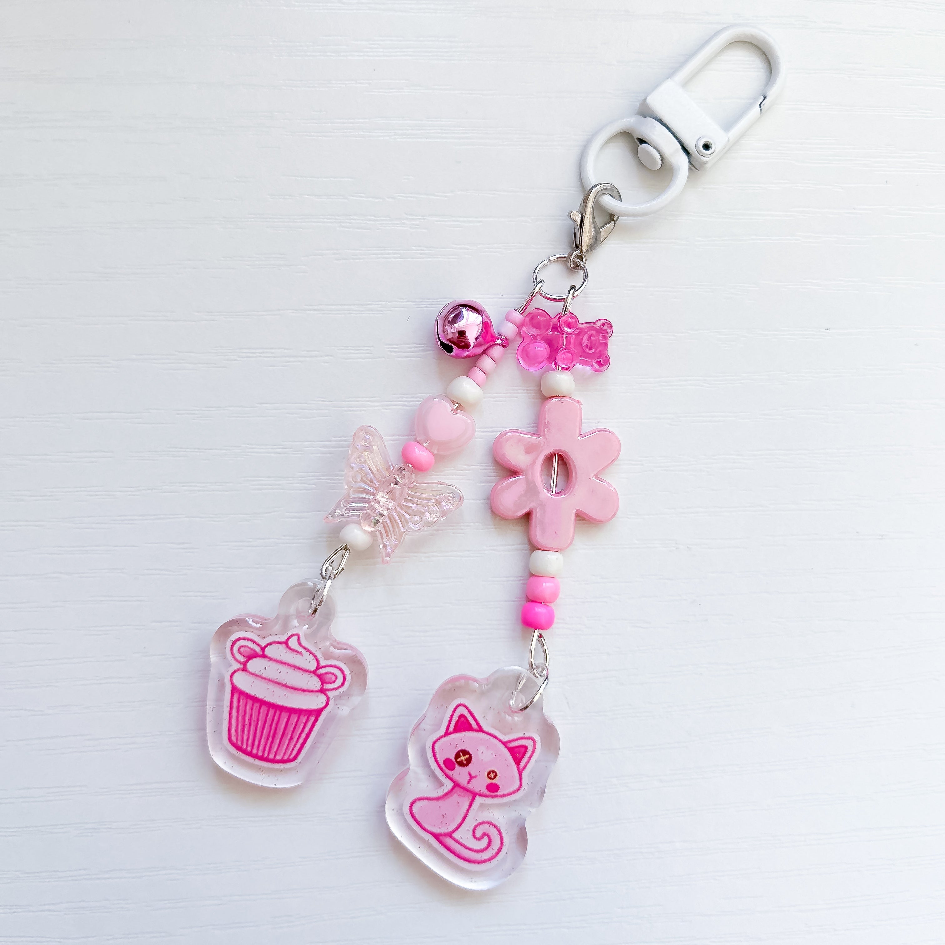 Pink White Cupcake & Cat Glitter Epoxy Pendant Beaded Keycharm