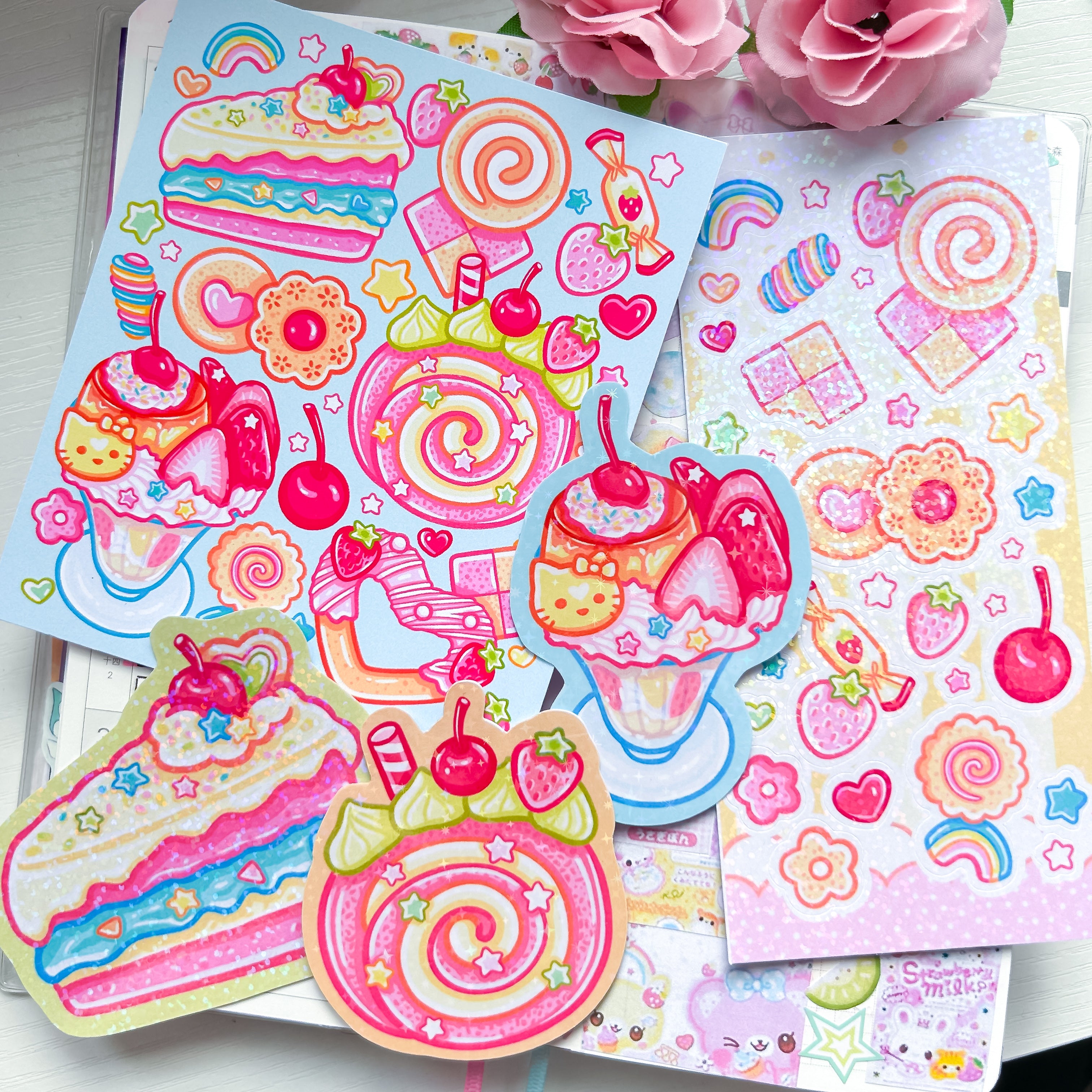 Kawaii Sweets Themed Stickers and Print Stationery Bundle