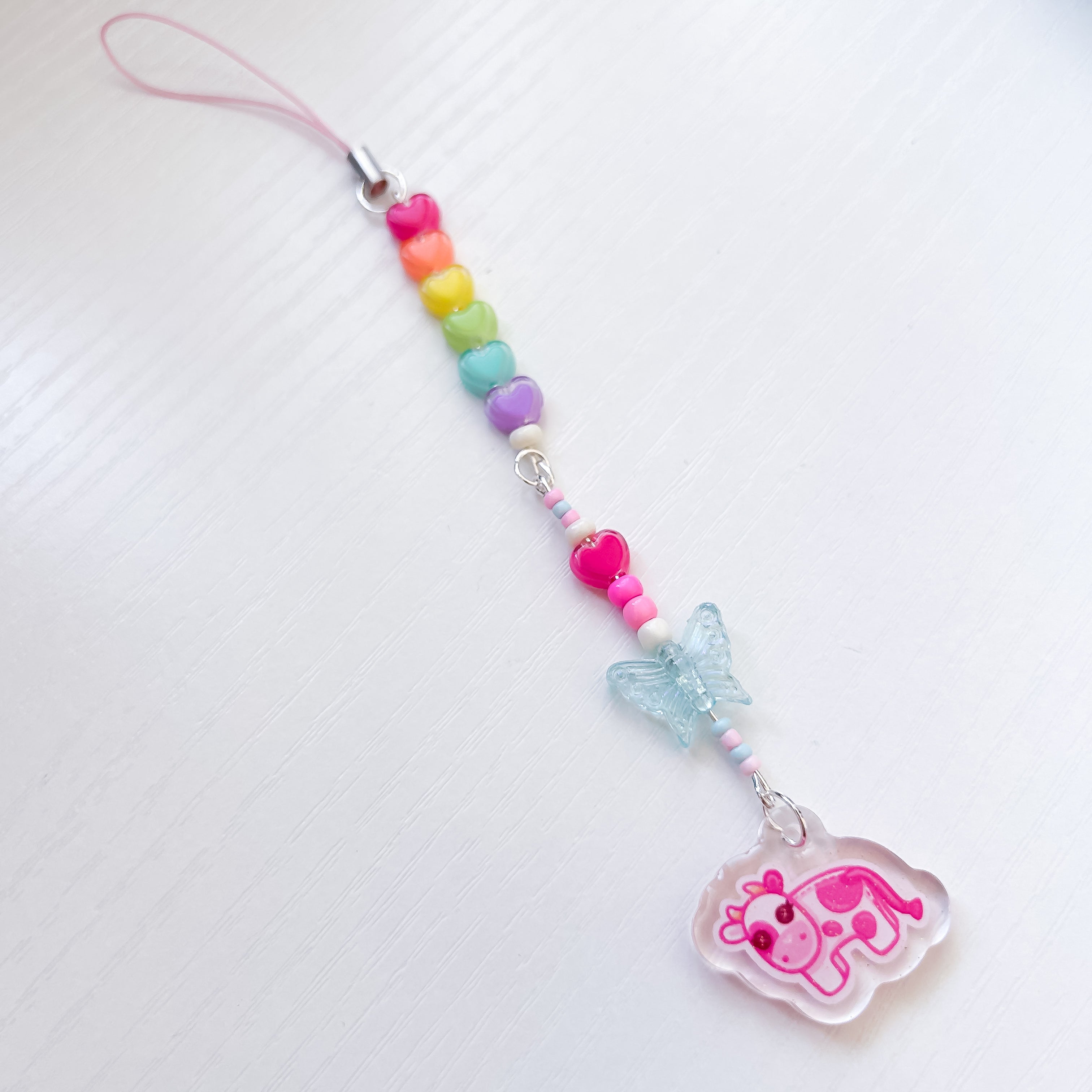 Pink Cow Glitter Epoxy Pendant Beaded Pastel Rainbow Keycharm
