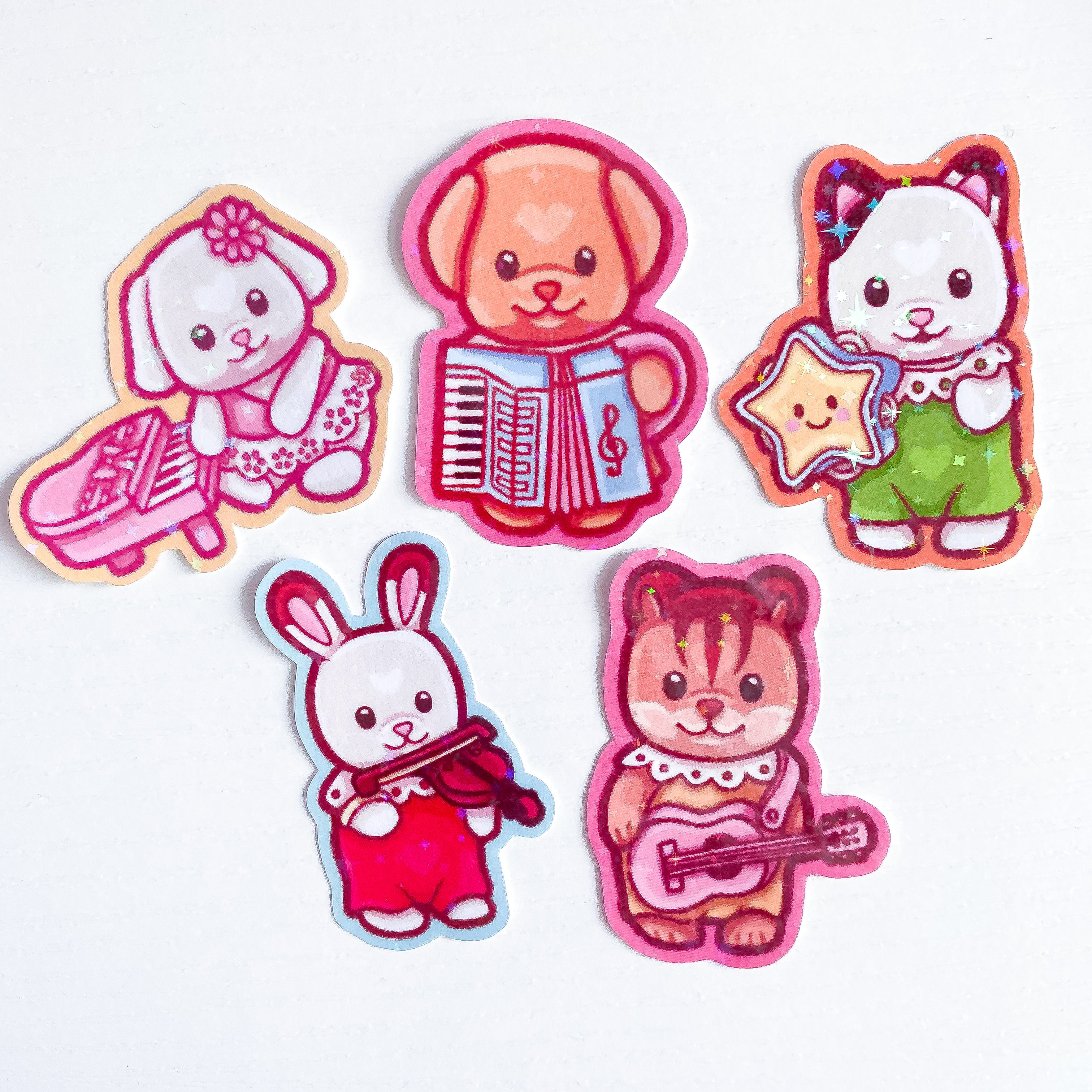 Musical Calico Critter Holographic Glitter Die Cut Stickers