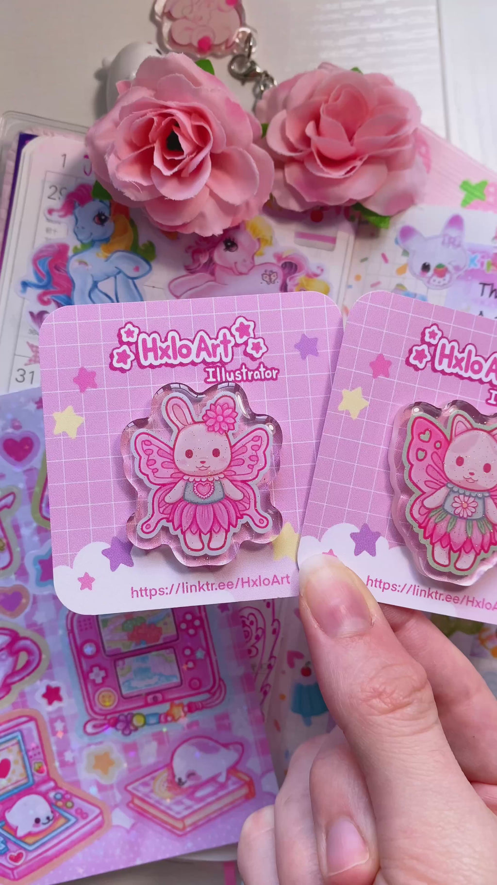 Set of Two Fairy Bunny & Cat Glitter Acrylic Pins