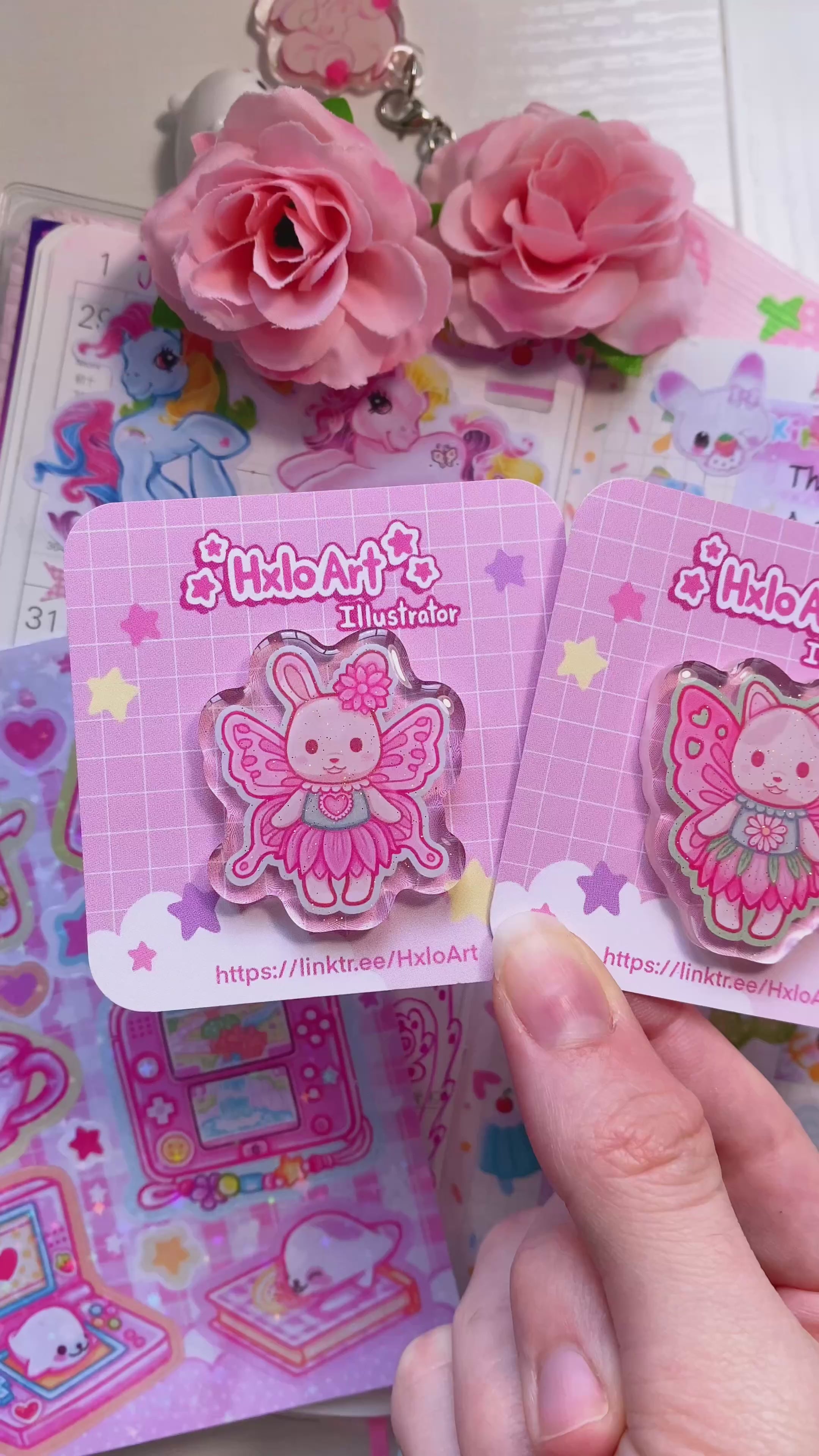 Set of Two Fairy Bunny & Cat Glitter Acrylic Pins