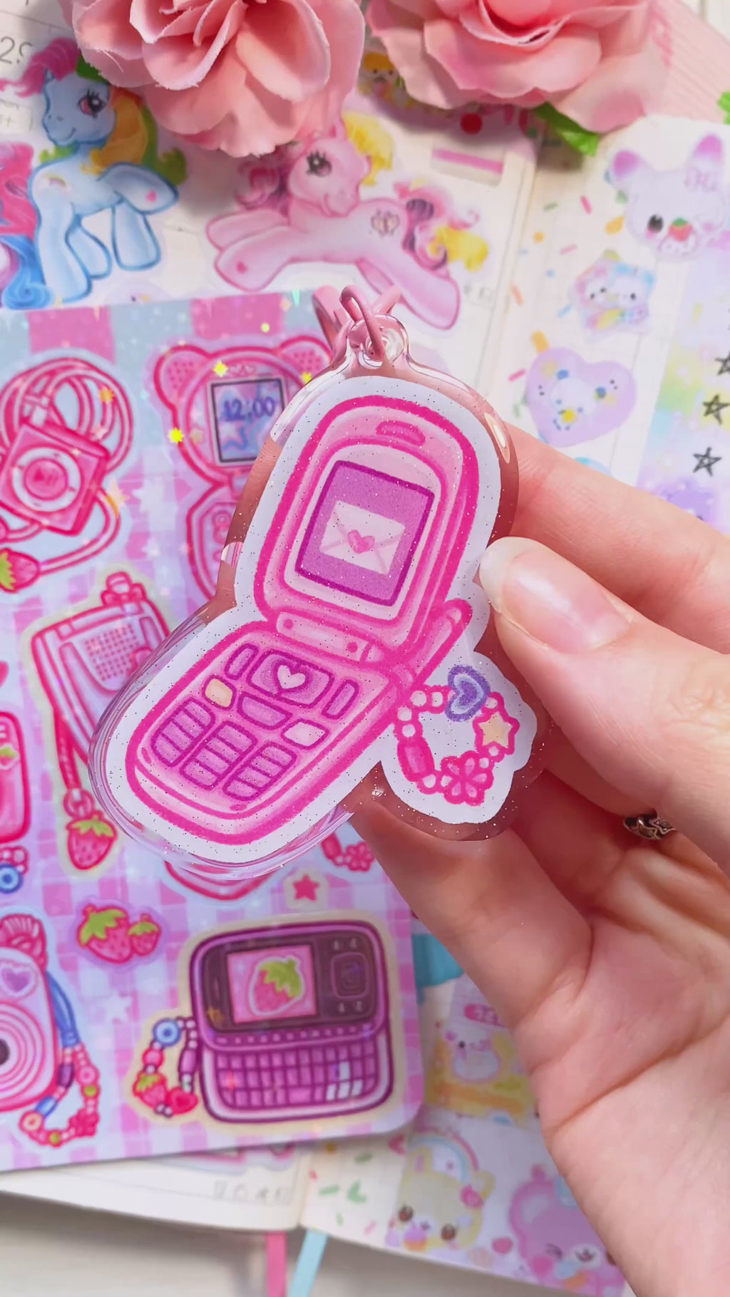 Y2K Flip Phone Acrylic Glitter Epoxy Keychain