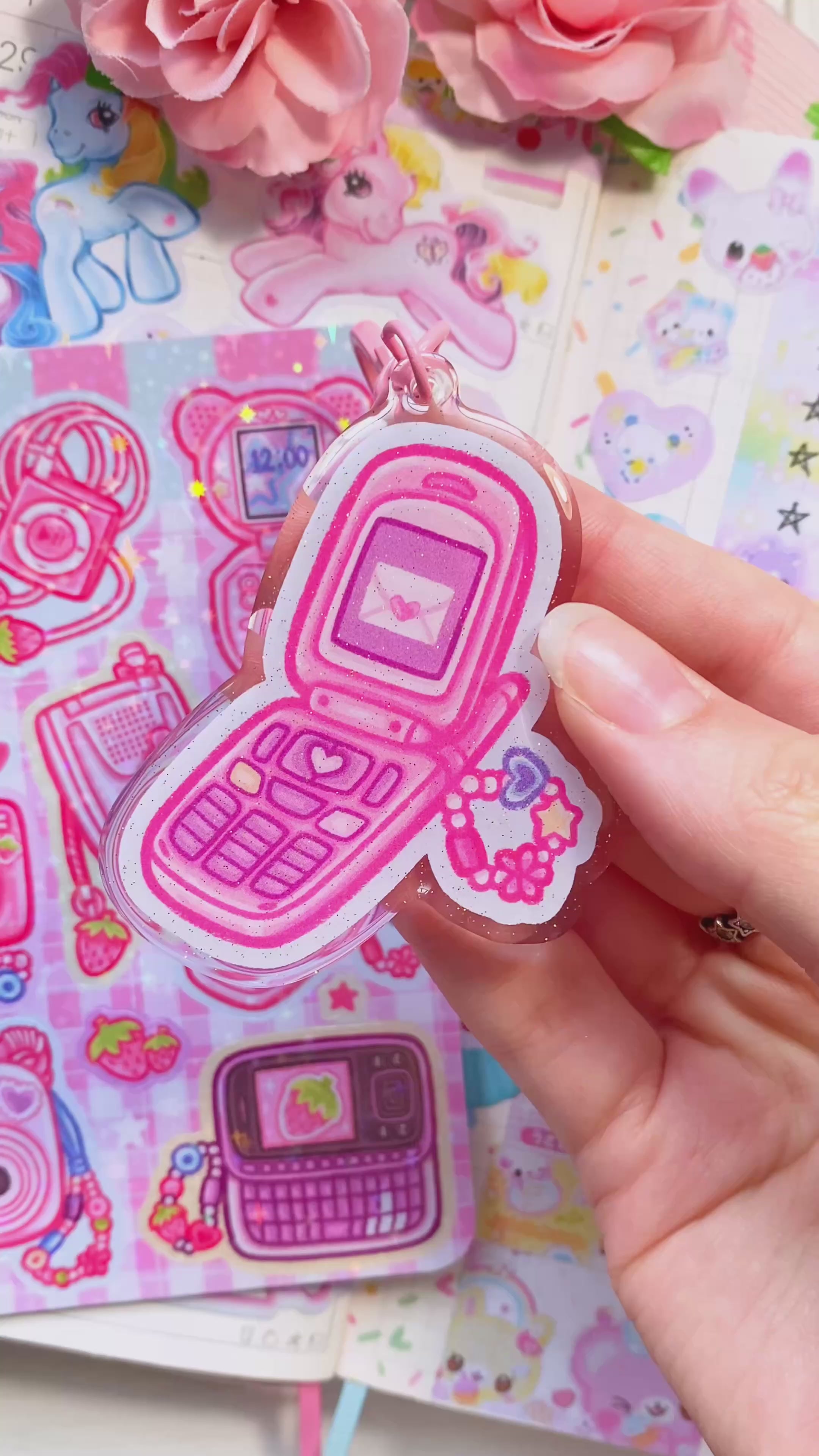 Y2K Flip Phone Acrylic Glitter Epoxy Keychain